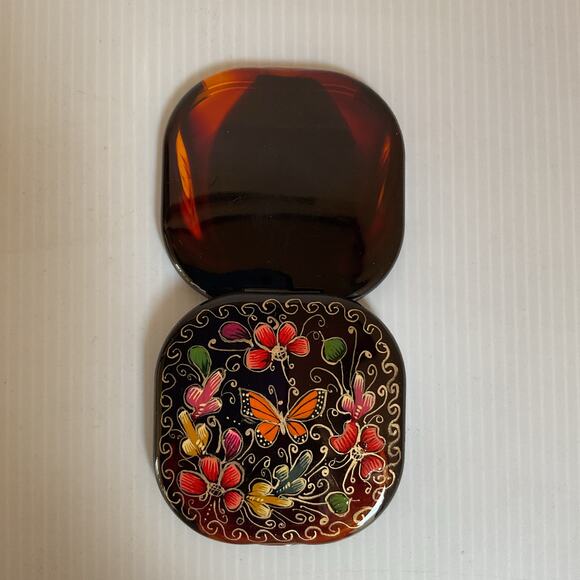 Hand-Painted Mexican Compact Mirror Monarch Butterfly Michoacán Gold Foil Art - Picture 2 of 8